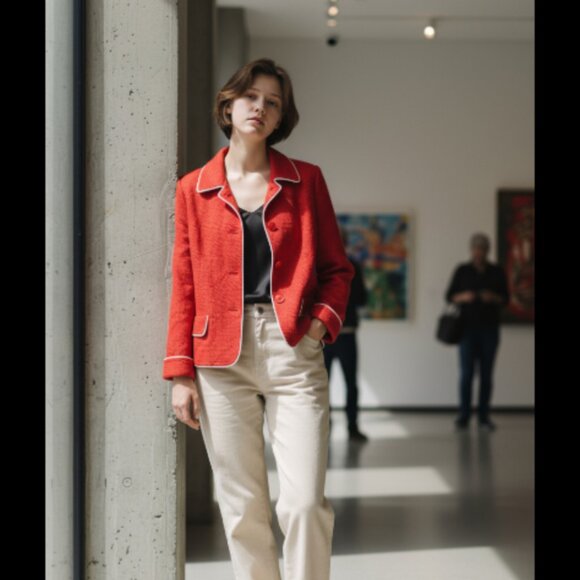 Dennis Basso Signature Blazer Women’s L Red Textured Jacket White Trim NWT - Picture 1 of 10